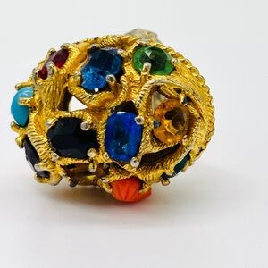 Rare, Huge Vintage Openwork Multicolor Gemstone Gold Cocktail Ring
